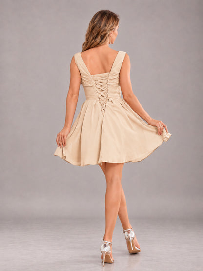Champagne Lovely V-Neck Ruched Short Chiffon Bridesmaid Dress