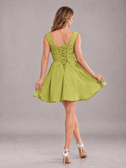 Chartreuse Lovely V-Neck Ruched Short Chiffon Bridesmaid Dress