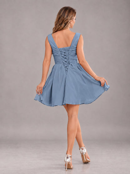Dusty Blue Lovely V-Neck Ruched Short Chiffon Bridesmaid Dress