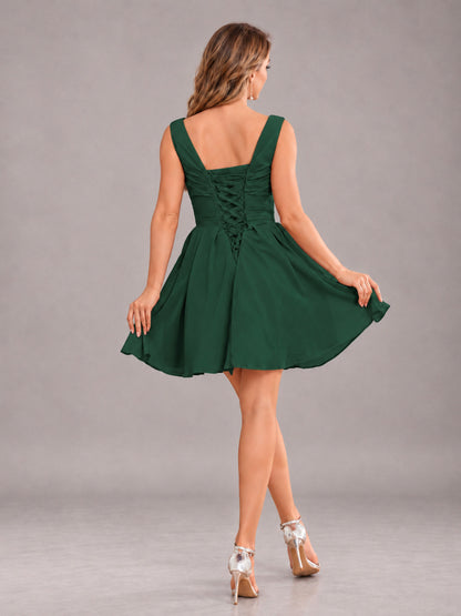 Emerald Green Lovely V-Neck Ruched Short Chiffon Bridesmaid Dress