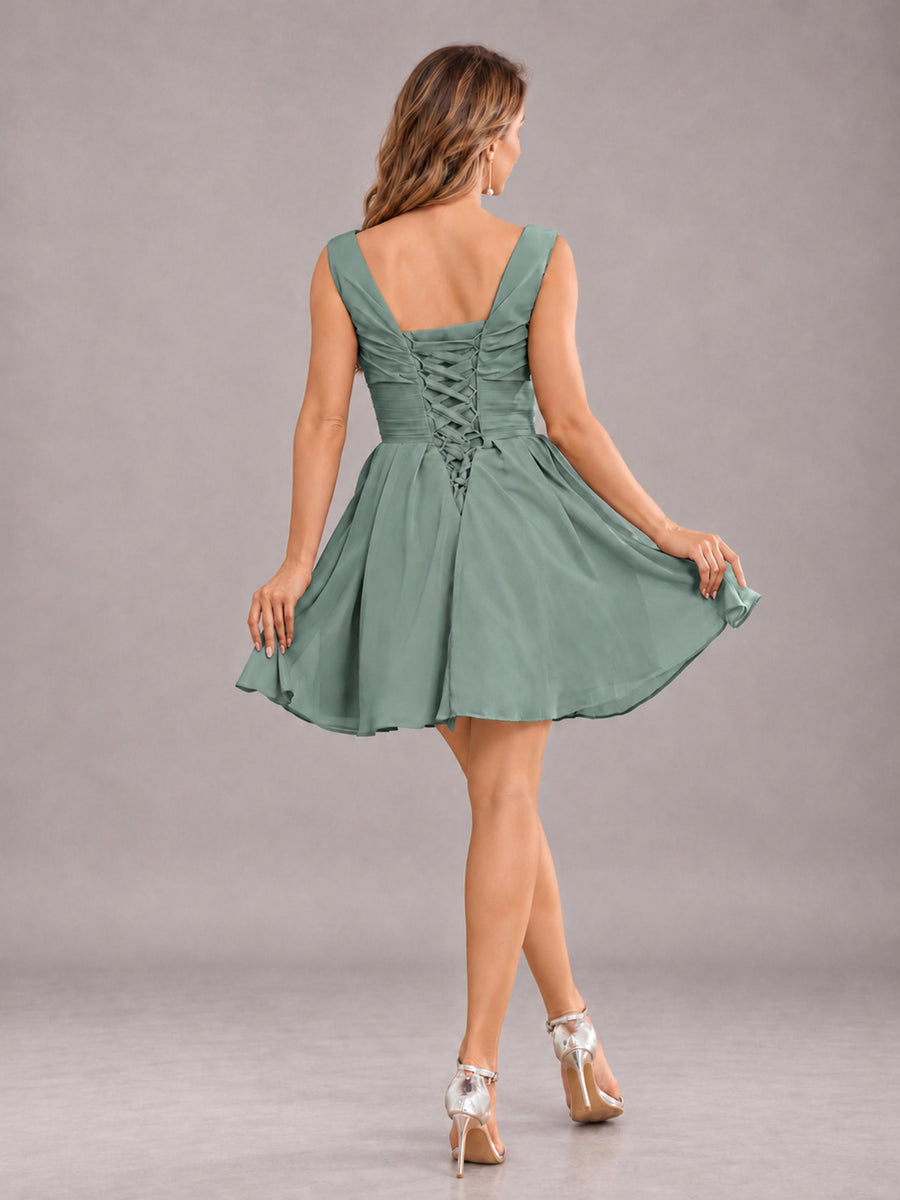 Eucalyptus Lovely V-Neck Ruched Short Chiffon Bridesmaid Dress