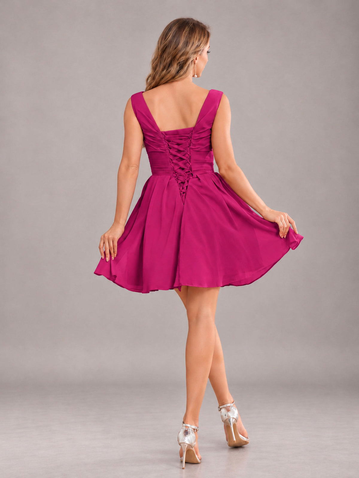 Fuchsia Lovely V-Neck Ruched Short Chiffon Bridesmaid Dress