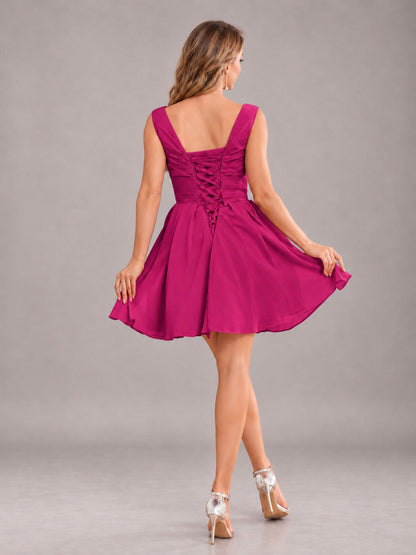 Fuchsia Lovely V-Neck Ruched Short Chiffon Bridesmaid Dress