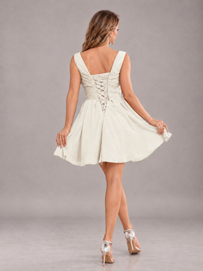 Ivory Lovely V-Neck Ruched Short Chiffon Bridesmaid Dress