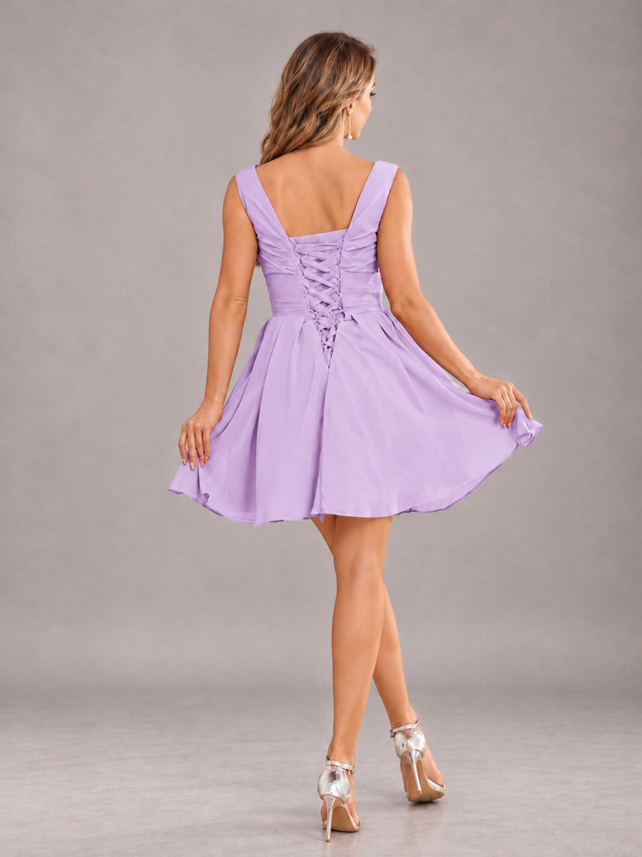 Lilac Lovely V-Neck Ruched Short Chiffon Bridesmaid Dress