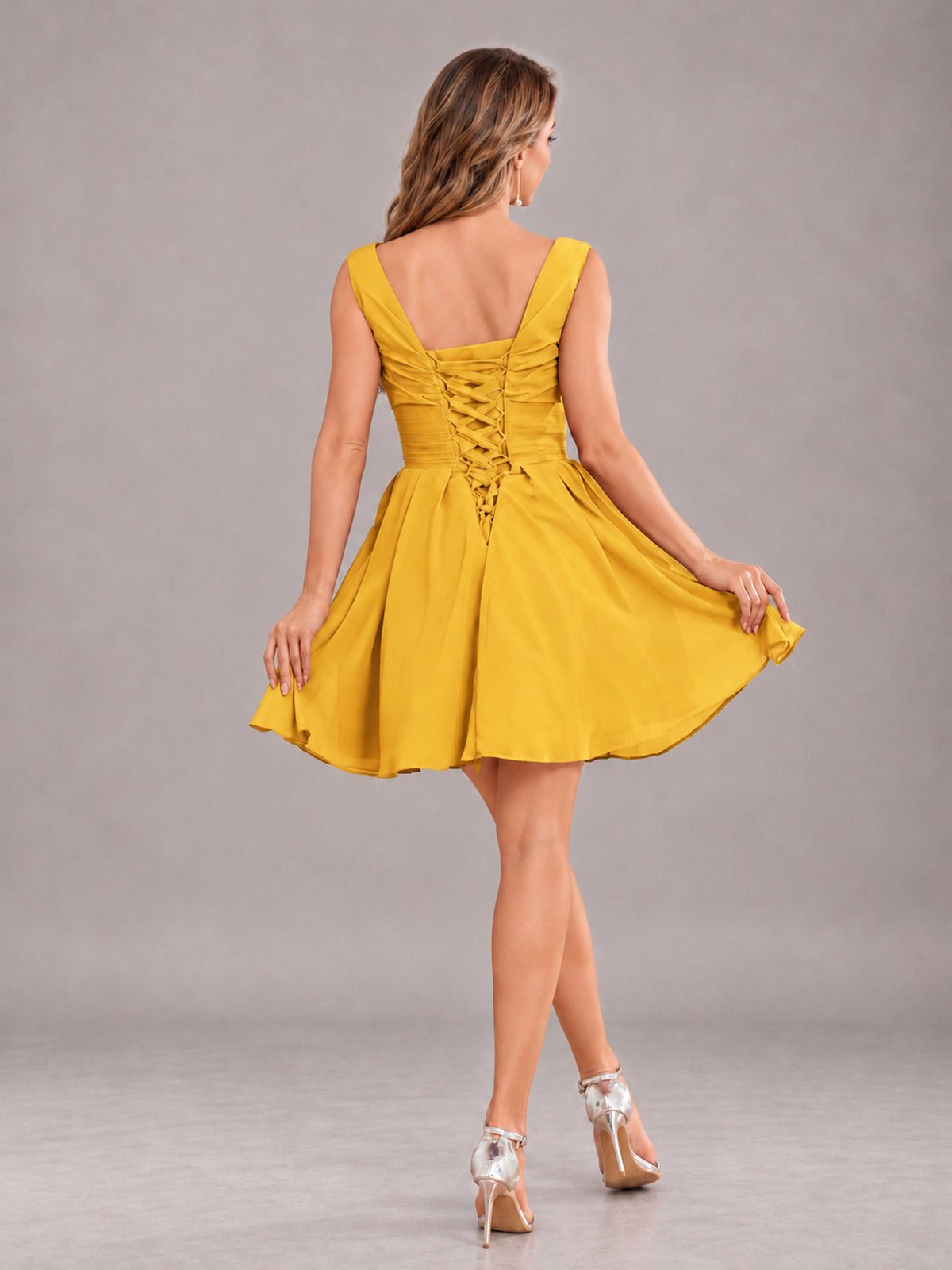 Mustard Yellow Lovely V-Neck Ruched Short Chiffon Bridesmaid Dress