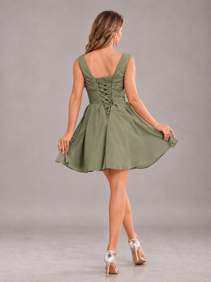 Olive Green Lovely V-Neck Ruched Short Chiffon Bridesmaid Dress