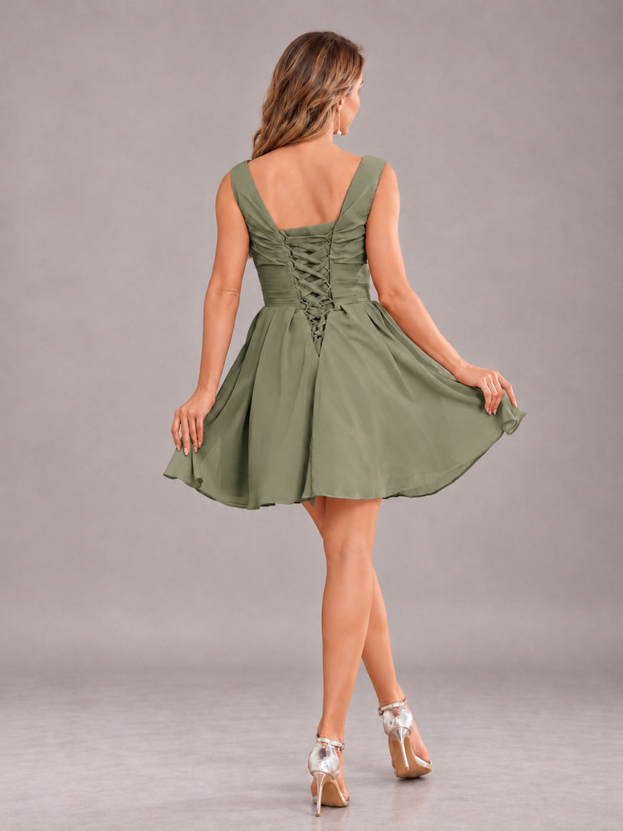 Olive Green Lovely V-Neck Ruched Short Chiffon Bridesmaid Dress