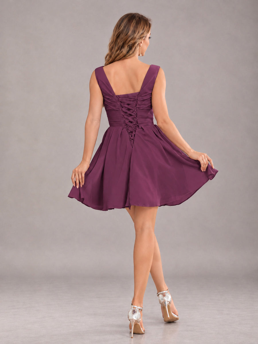 Plum Lovely V-Neck Ruched Short Chiffon Bridesmaid Dress