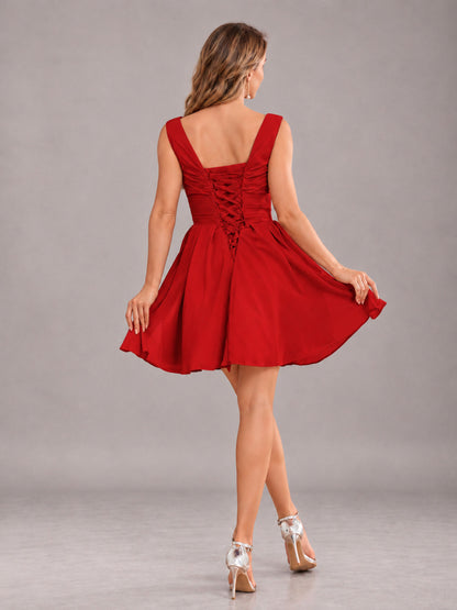 Red Lovely V-Neck Ruched Short Chiffon Bridesmaid Dress