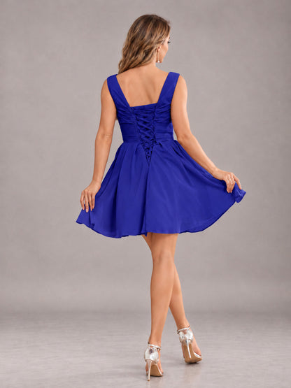 Royal Blue Lovely V-Neck Ruched Short Chiffon Bridesmaid Dress