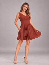 Lovely V-Neck Ruched Short Chiffon Bridesmaid Dress