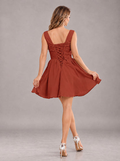 Rust Lovely V-Neck Ruched Short Chiffon Bridesmaid Dress