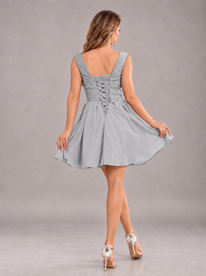 Silver Lovely V-Neck Ruched Short Chiffon Bridesmaid Dress