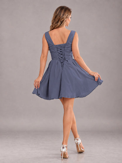 Stormy Blue Lovely V-Neck Ruched Short Chiffon Bridesmaid Dress