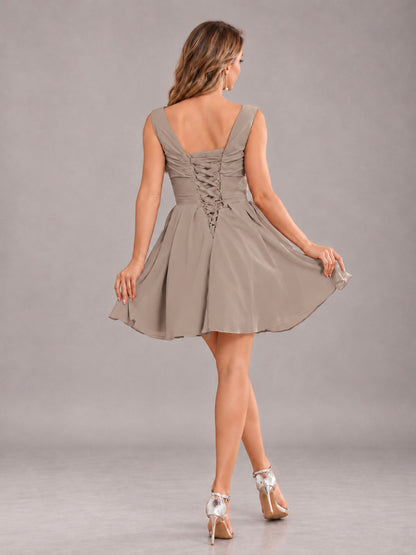 Taupe Lovely V-Neck Ruched Short Chiffon Bridesmaid Dress