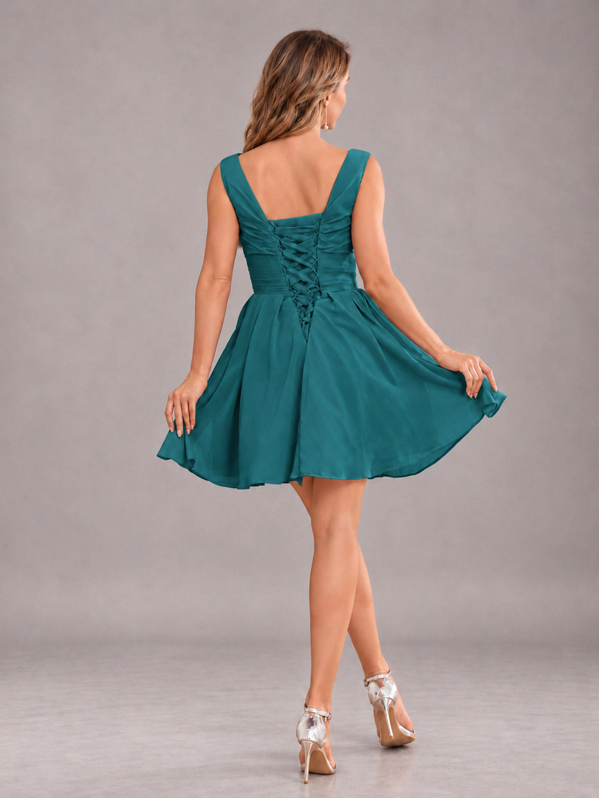 Teal Lovely V-Neck Ruched Short Chiffon Bridesmaid Dress