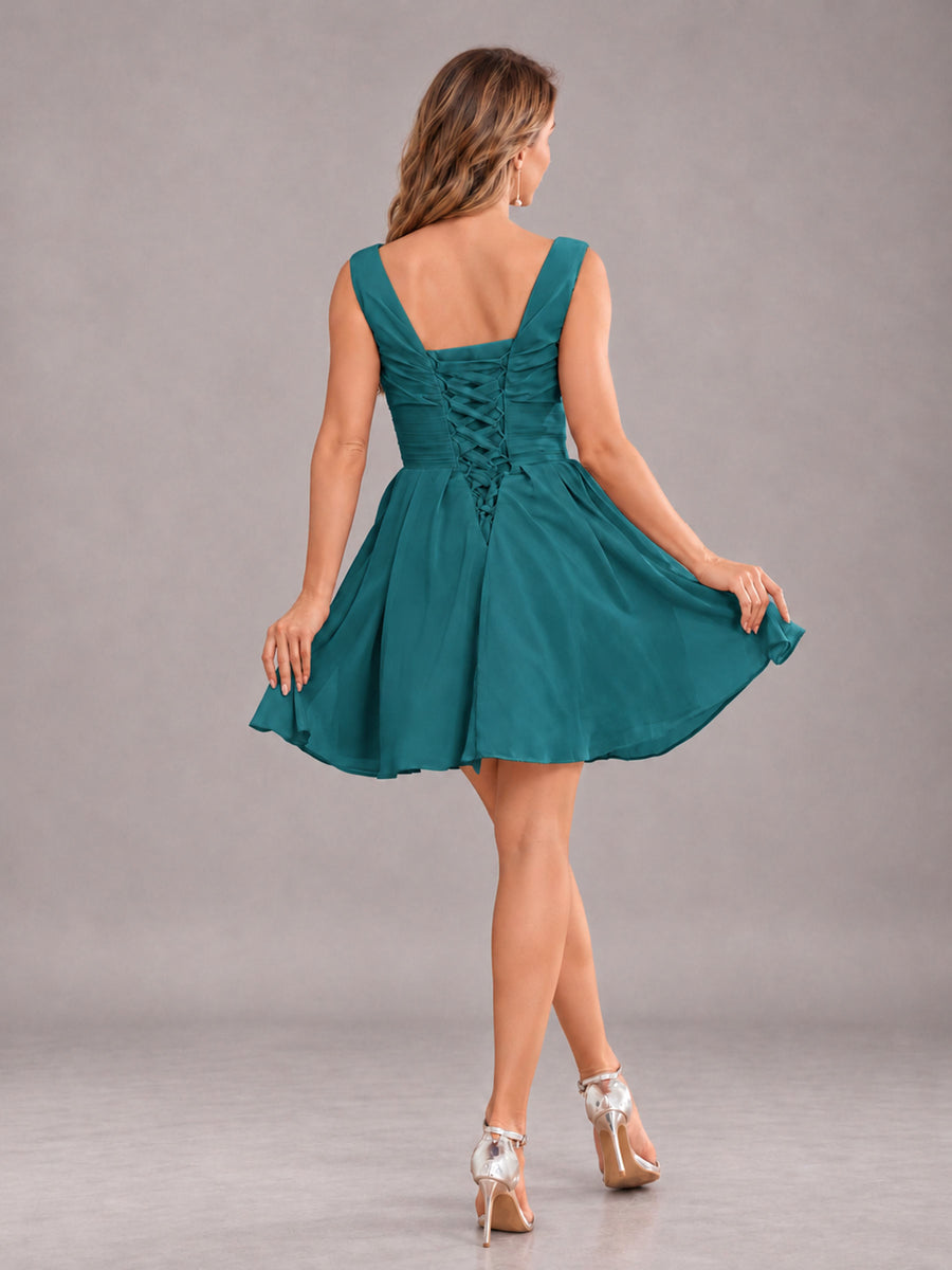 Teal Lovely V-Neck Ruched Short Chiffon Bridesmaid Dress