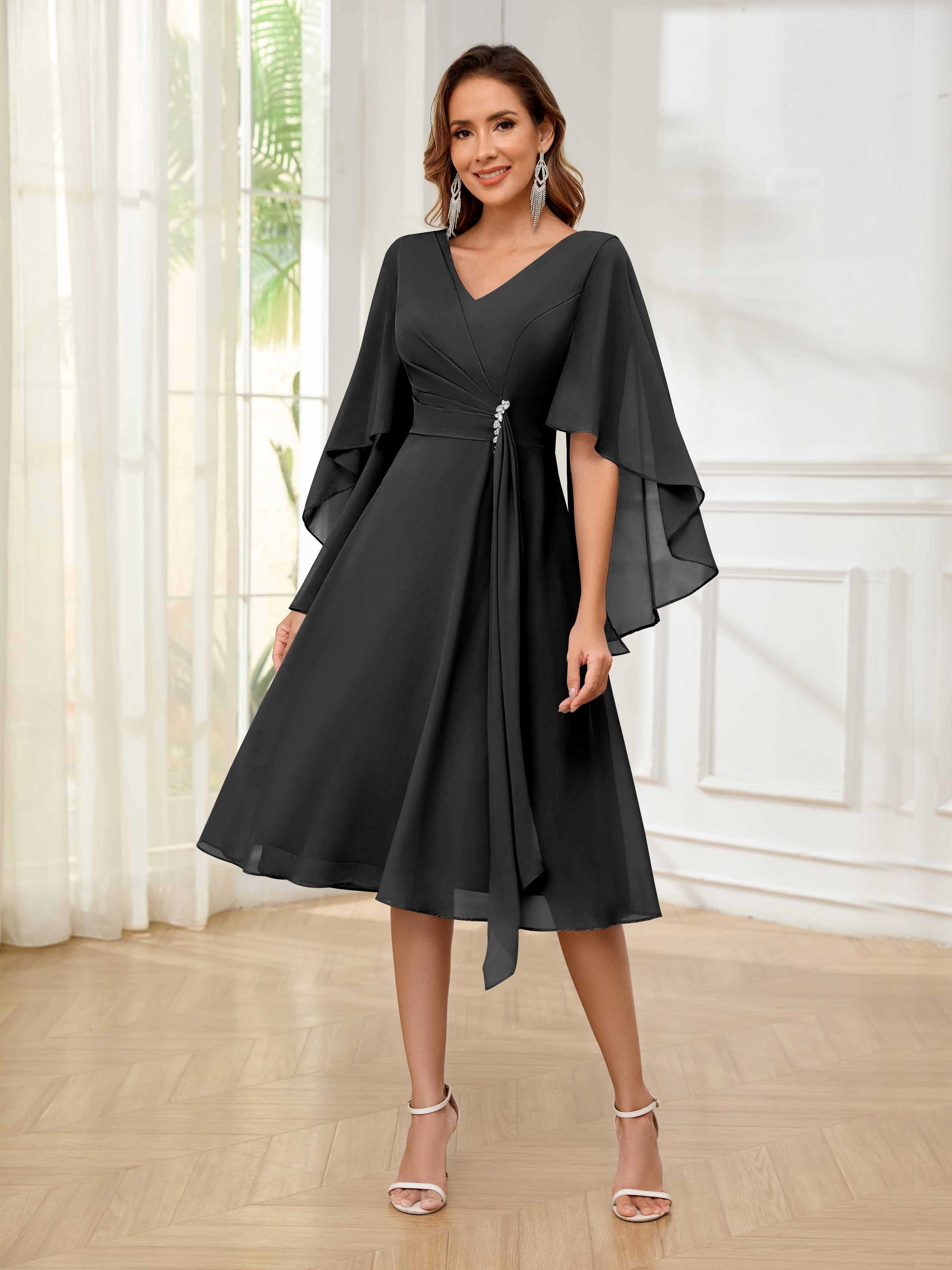 short black mother of the bride dresses Black Satin One Shoulder Ruffled Short Mother of the Bride Dress with Sleeves