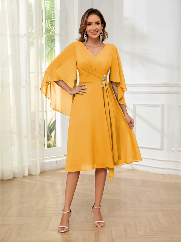 Mustard Luxurious A-Line V-Neck Beading Chiffon Short Mother Of The Bride Dresses