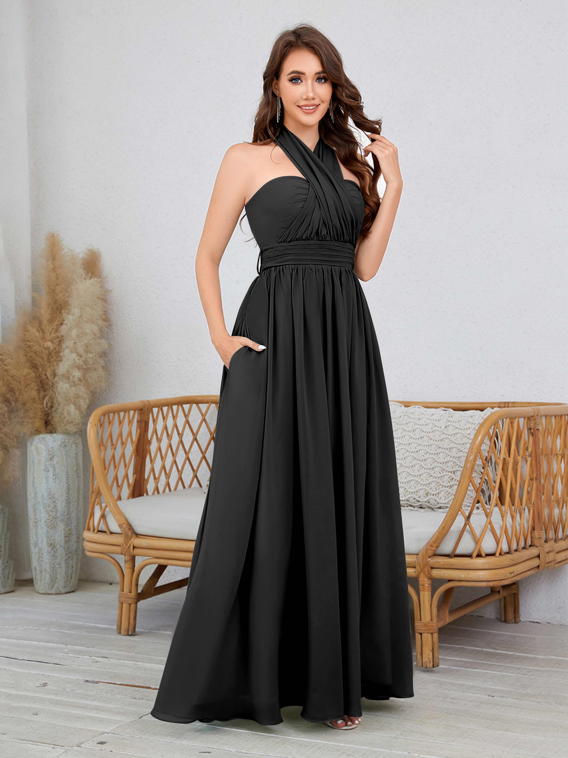 chiffon black bridesmaid dresses Kaylani Graceful Scoop Ruched Floor Length Chiffon Bridesmaid Dresses, Black