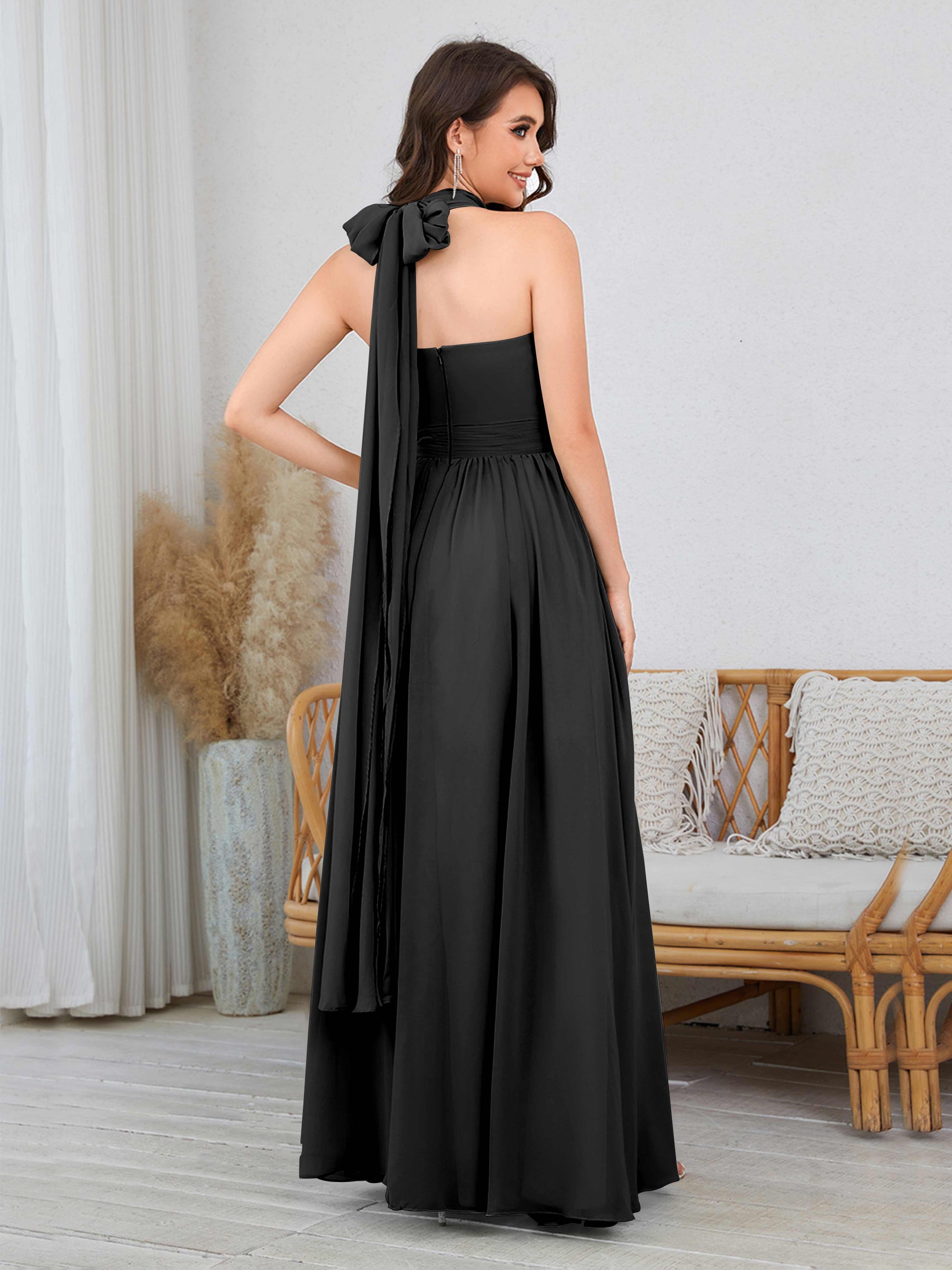 black bridesmaid dresses halter neck Womens Six Stories Black Halter Neck Satin Bridesmaid Dress US 4