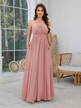 Luxurious Halter Neck Chiffon Bridesmaid Dresses With Pockets