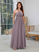 Luxurious Halter Neck Chiffon Bridesmaid Dresses With Pockets