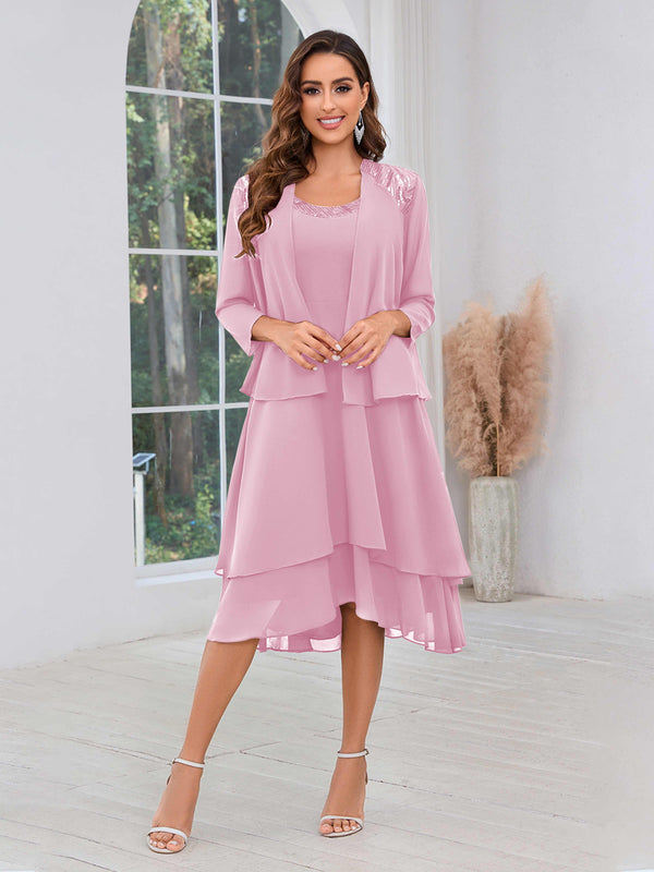 Candy Pink Luxurious Two Pieces Beading Tiered Chiffon Midi Mother Of The Bride Dresses