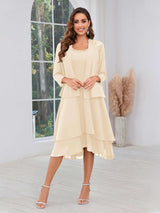 Luxurious Two Pieces Beading Tiered Chiffon Midi Mother Of The Bride Dresses