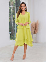 Luxurious Two Pieces Beading Tiered Chiffon Midi Mother Of The Bride Dresses