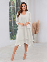 Luxurious Two Pieces Beading Tiered Chiffon Midi Mother Of The Bride Dresses