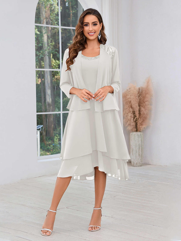 Ivory Luxurious Two Pieces Beading Tiered Chiffon Midi Mother Of The Bride Dresses