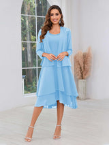 Luxurious Two Pieces Beading Tiered Chiffon Midi Mother Of The Bride Dresses