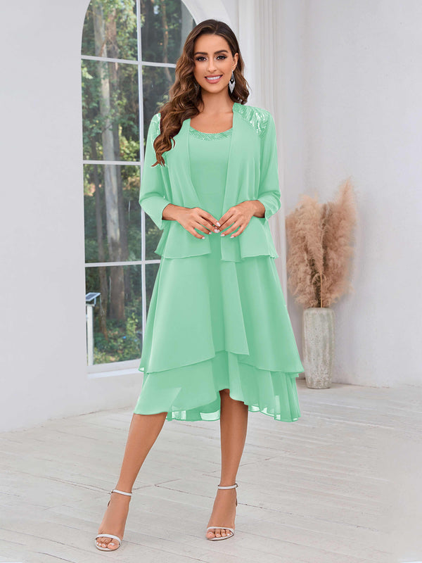 Mint Green Luxurious Two Pieces Beading Tiered Chiffon Midi Mother Of The Bride Dresses