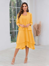 Luxurious Two Pieces Beading Tiered Chiffon Midi Mother Of The Bride Dresses