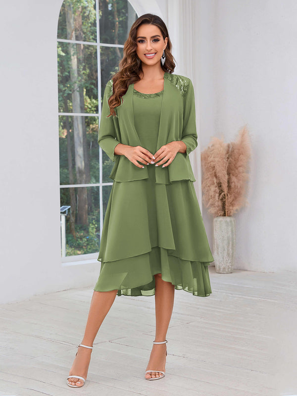 Olive Green Luxurious Two Pieces Beading Tiered Chiffon Midi Mother Of The Bride Dresses