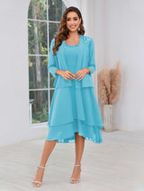 Luxurious Two Pieces Beading Tiered Chiffon Midi Mother Of The Bride Dresses