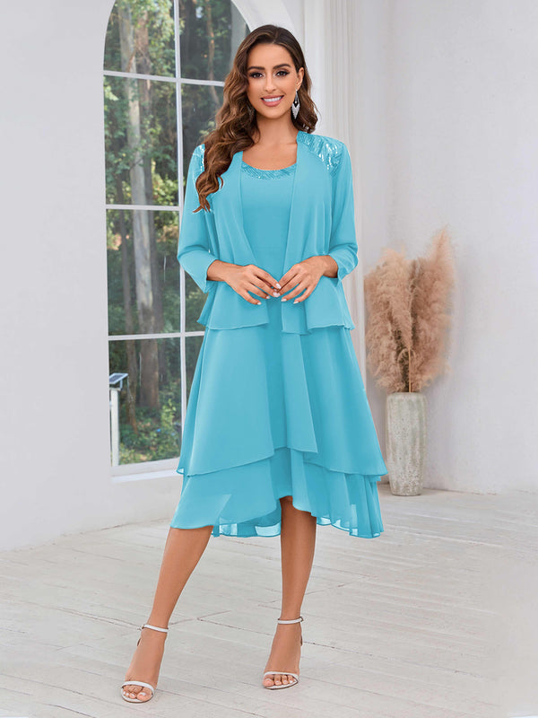 Pool Luxurious Two Pieces Beading Tiered Chiffon Midi Mother Of The Bride Dresses