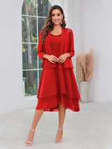 Luxurious Two Pieces Beading Tiered Chiffon Midi Mother Of The Bride Dresses
