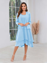 Luxurious Two Pieces Beading Tiered Chiffon Midi Mother Of The Bride Dresses