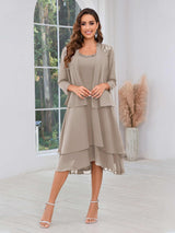 Luxurious Two Pieces Beading Tiered Chiffon Midi Mother Of The Bride Dresses