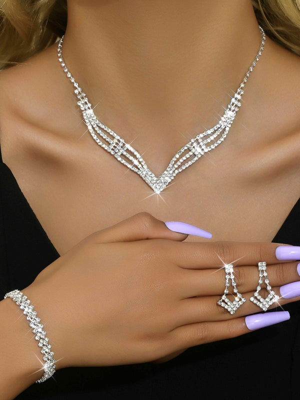 3 Set Luxury Crystal Jewelry Set Necklace Earrings Bracelet Sparkling Accessories Set