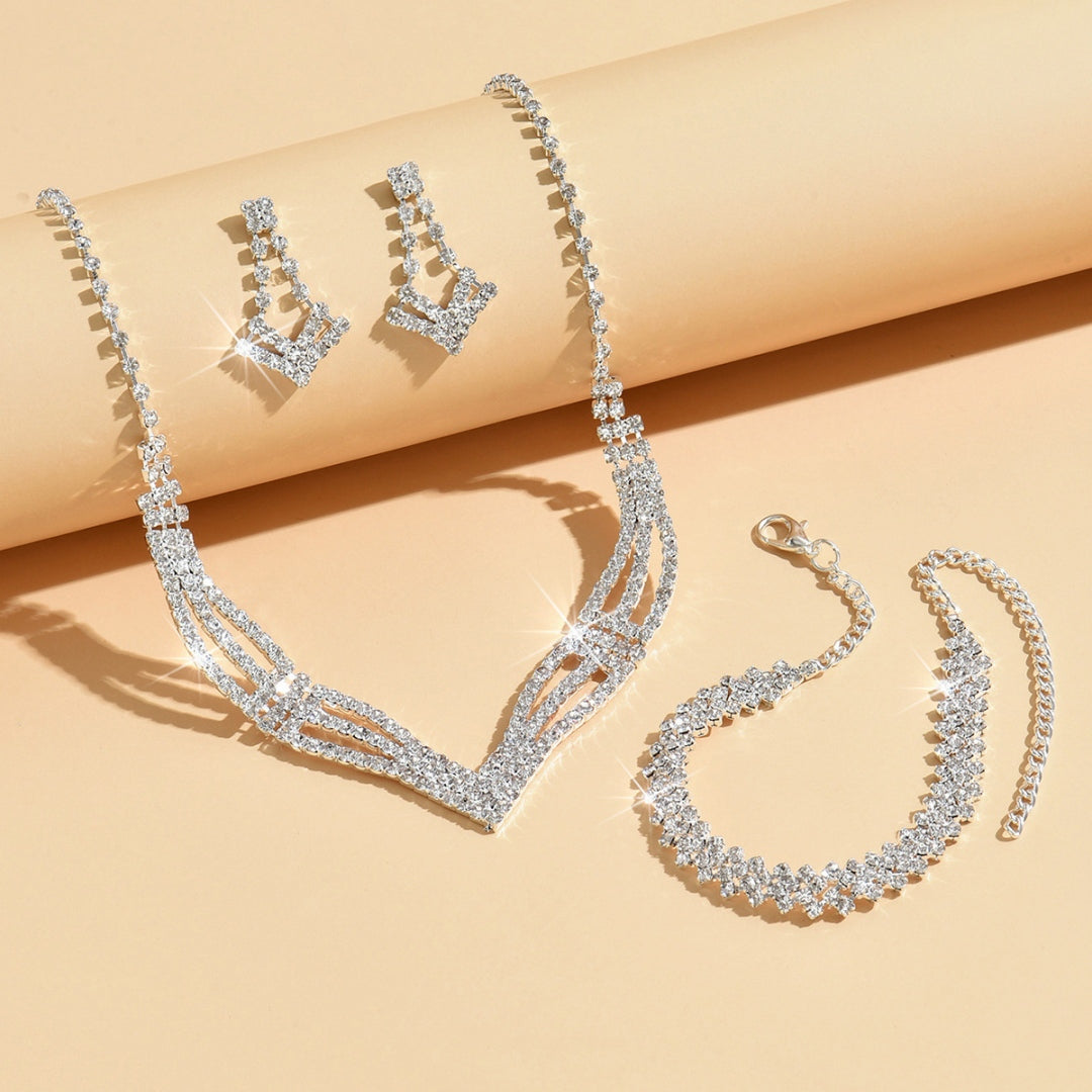 3 Set Luxury Crystal Jewelry Set Necklace Earrings Bracelet Sparkling Accessories Set