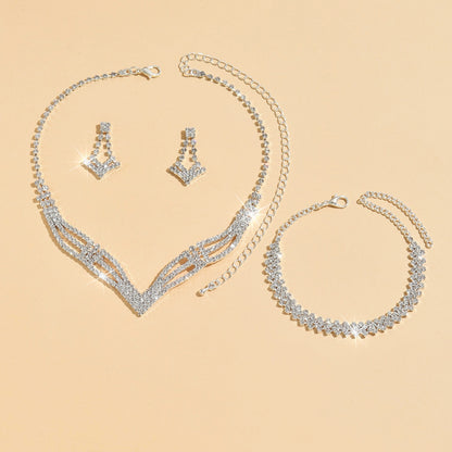 3 Set Luxury Crystal Jewelry Set Necklace Earrings Bracelet Sparkling Accessories Set