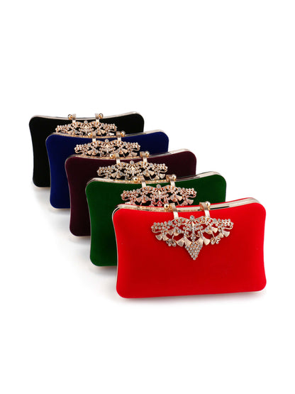 Luxury Rhinestone Velvet Evening Clutch Purse with Crystal Leaf Clasp