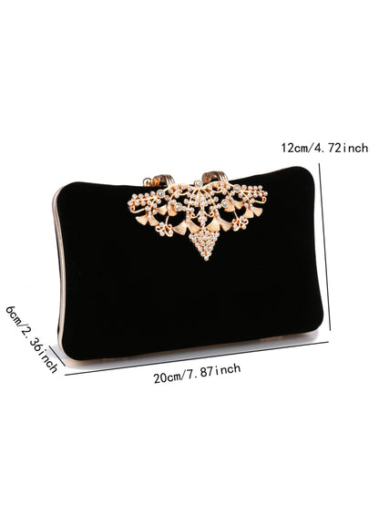 Luxury Rhinestone Velvet Evening Clutch Purse with Crystal Leaf Clasp