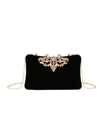 Luxury Rhinestone Velvet Evening Clutch Purse with Crystal Leaf Clasp