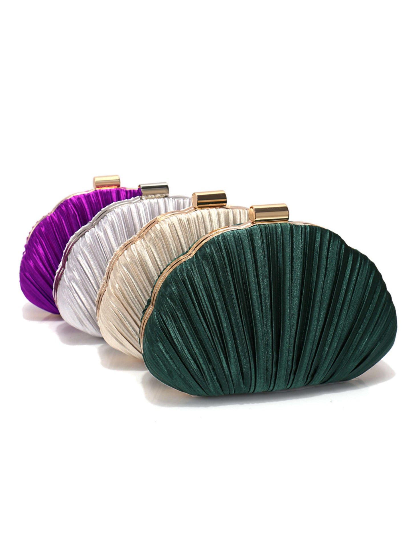 Luxury Shell Shaped Evening Clutch Purse with Pleated Satin & Chain Strap
