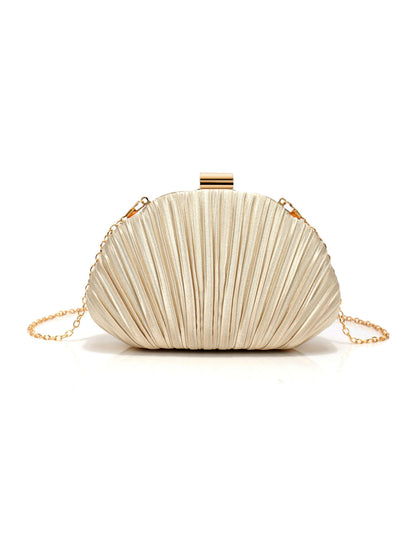 Luxury Shell Shaped Evening Clutch Purse with Pleated Satin & Chain Strap